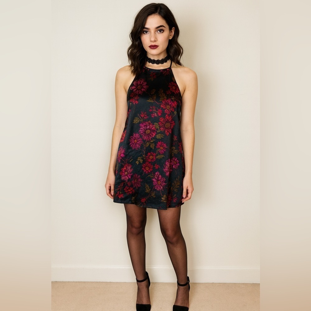Free People Black Floral Halter Mini Dress with Burgundy Flowers